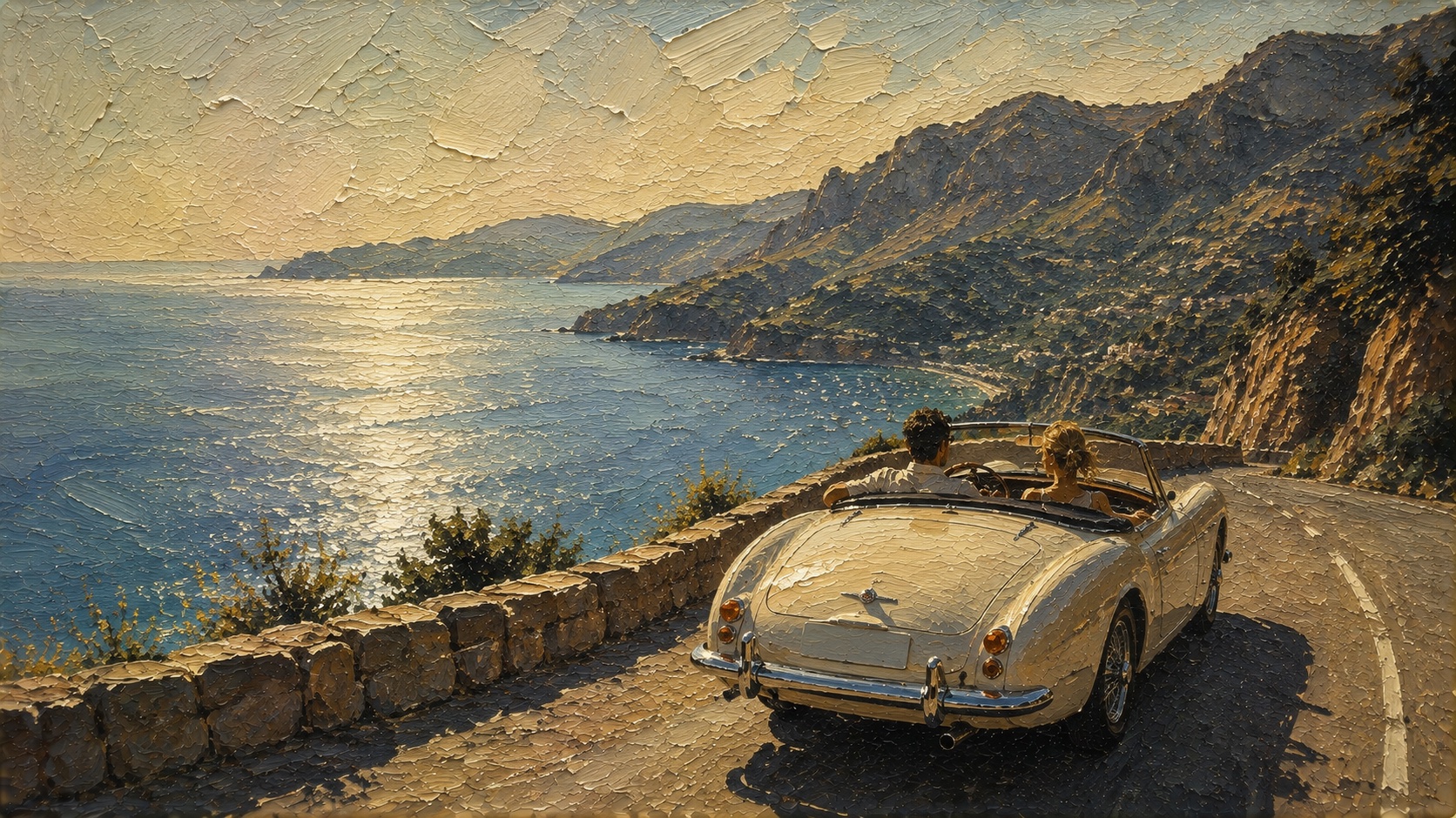 Painted coast road at golden hour with a classic convertible